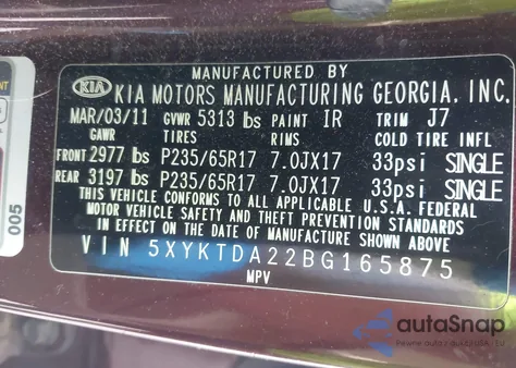 2011 Kia Sorento Lx from USA, damaged, VIN 5XYKTDA26BG165875